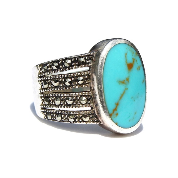 Vintage Turquoise Marcasite Sterling Silver Ring - Picture 2 of 6
